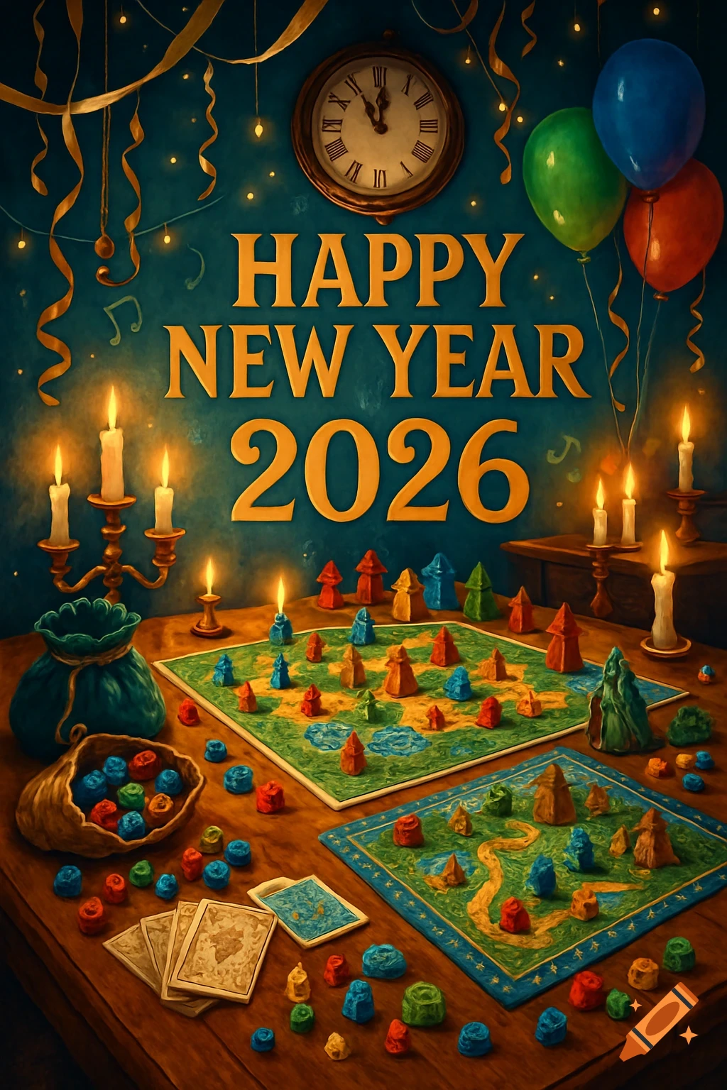 A festive New Year 2026 scene with board games, colorful pieces, candles, balloons, and golden streamers against a teal wall.