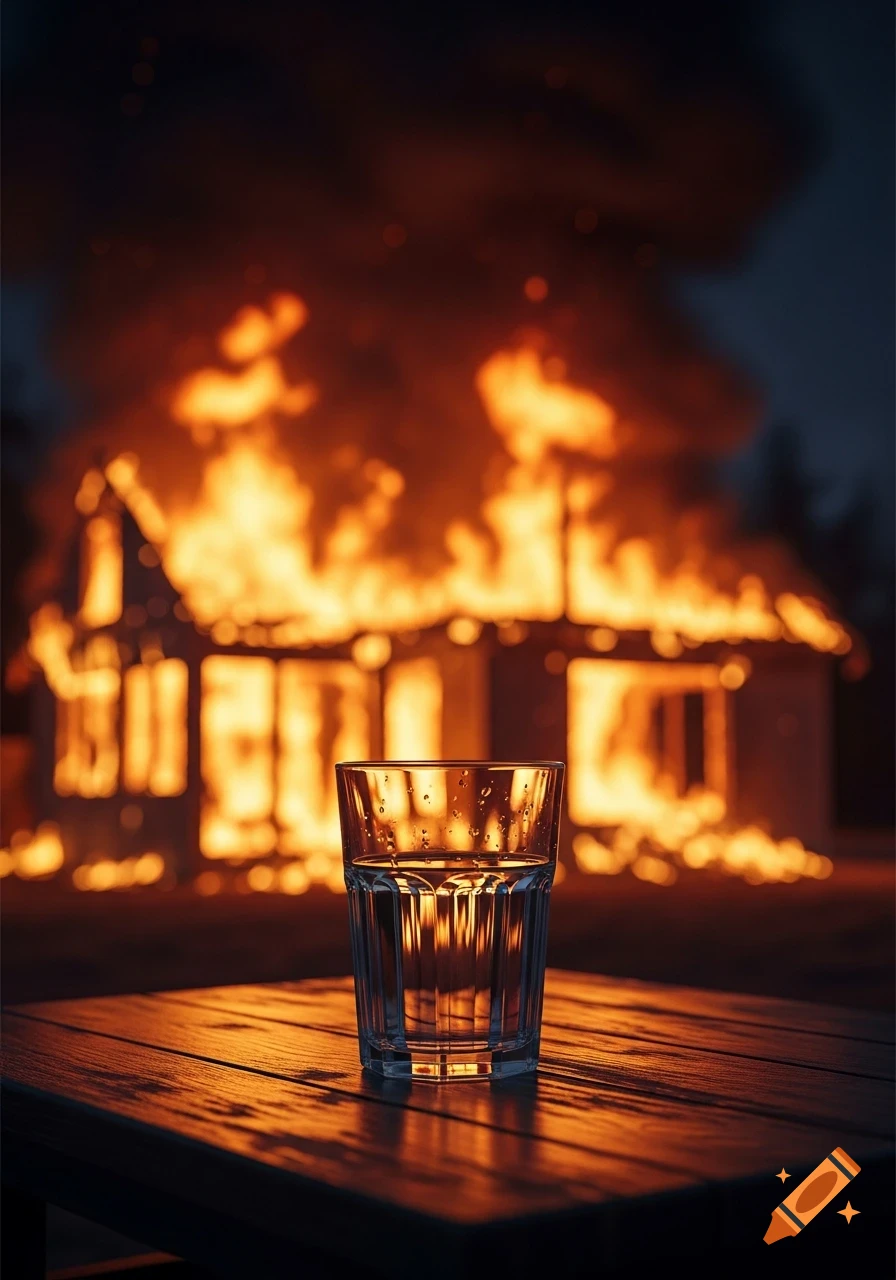A glass of water on a wooden table, glowing from the orange light of a burning house in the blurry background at night.
