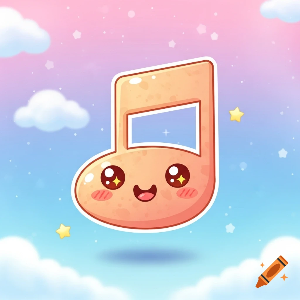 A cute, smiling kawaii musical note character floats in a pastel pink and blue sky with clouds and stars. Cartoon style.