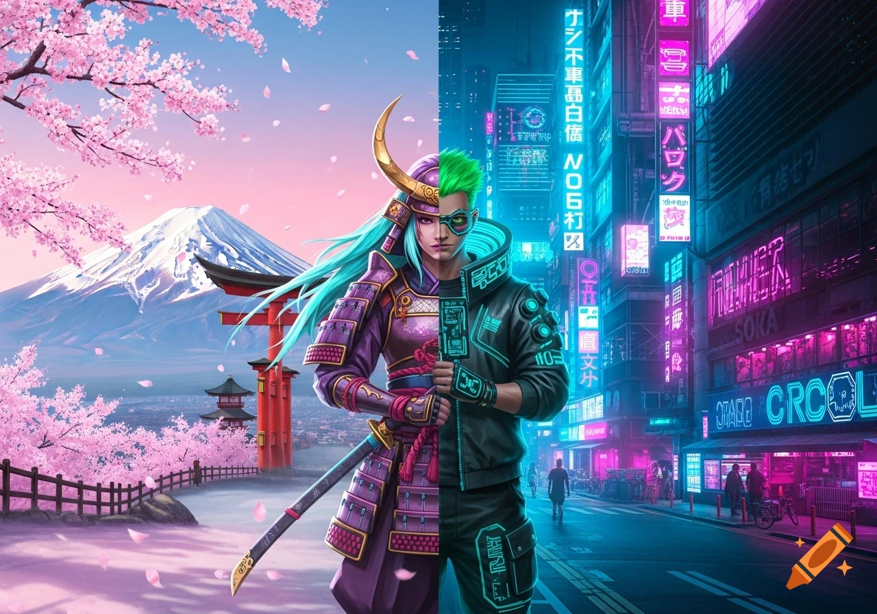 Split image of a character, half samurai in a traditional Japanese landscape with cherry blossoms and Mount Fuji, half cyberpunk hacker in a neon-lit city.