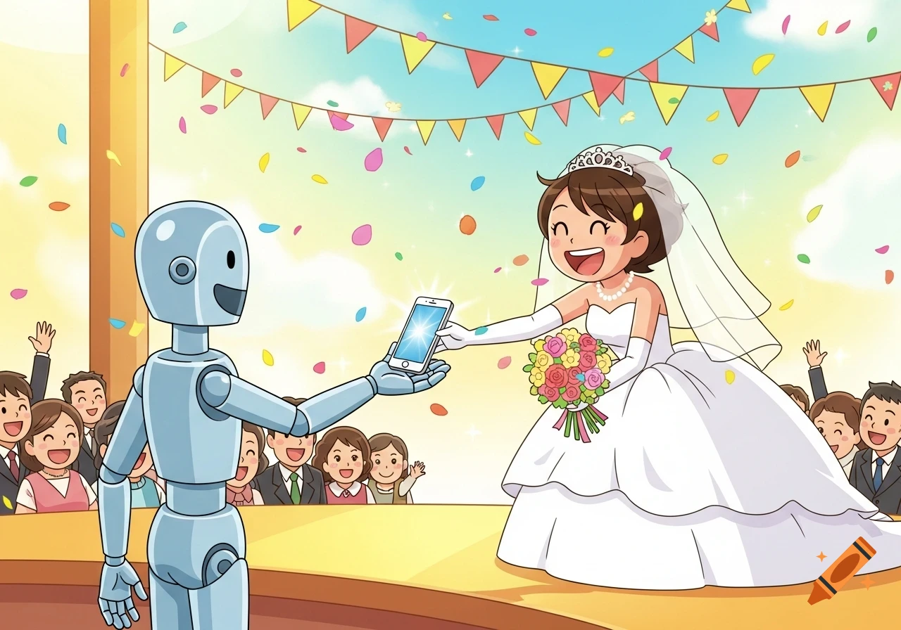 A joyful cartoon bride in a white wedding dress gives a glowing smartphone to a smiling robot on a stage during a confetti-filled wedding celebration.