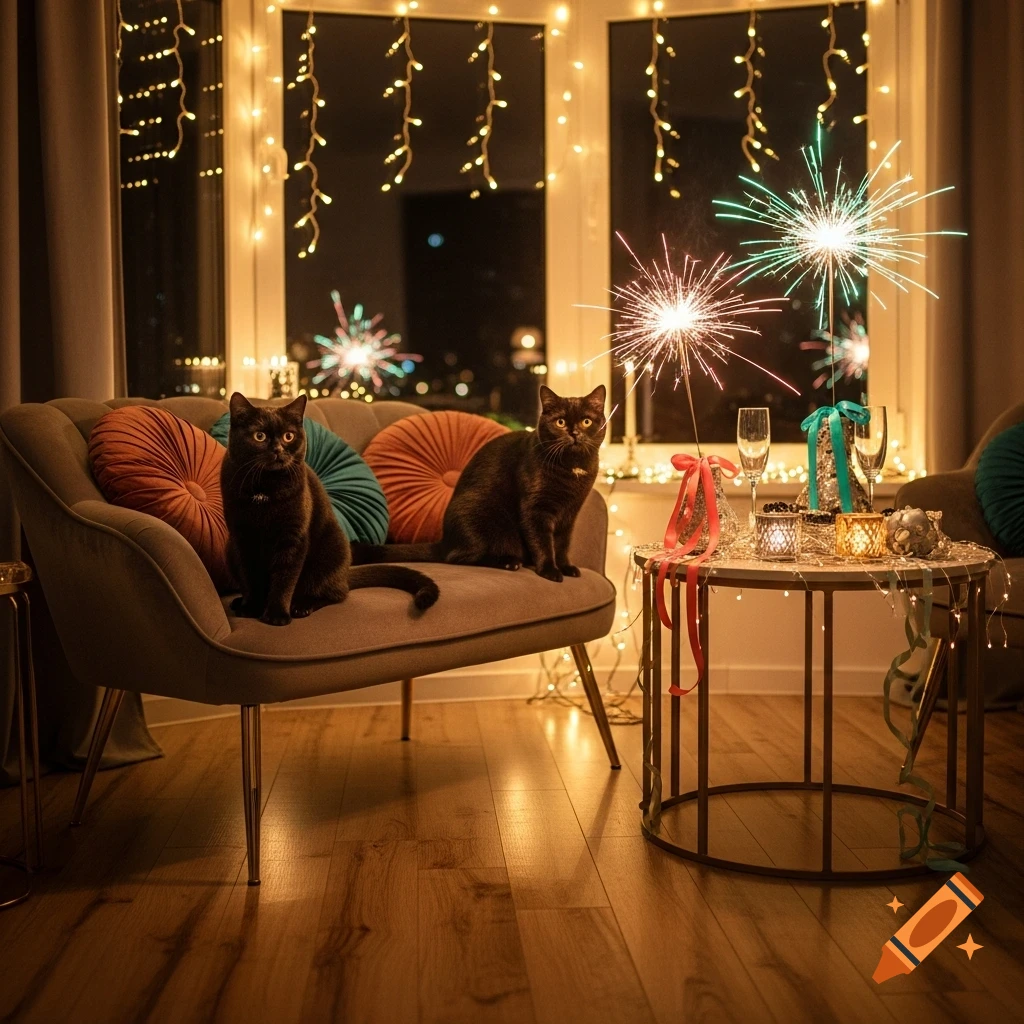 Two black British Shorthair cats sit on a sofa in a festive room with sparklers and string lights, celebrating New Year's Eve.