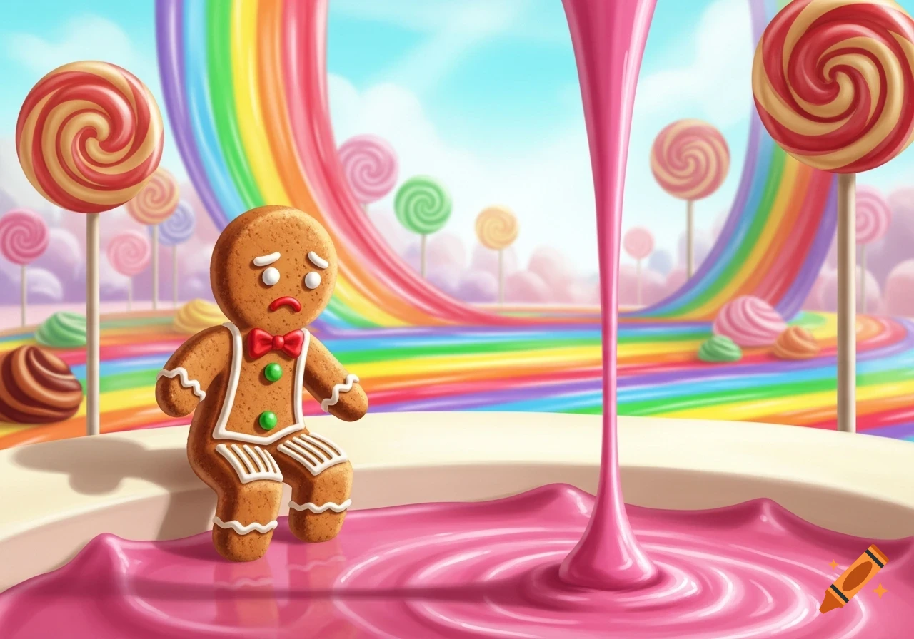 A sad gingerbread man sits on the edge of a pool of pink icing in a vibrant candy land with lollipops and a rainbow.