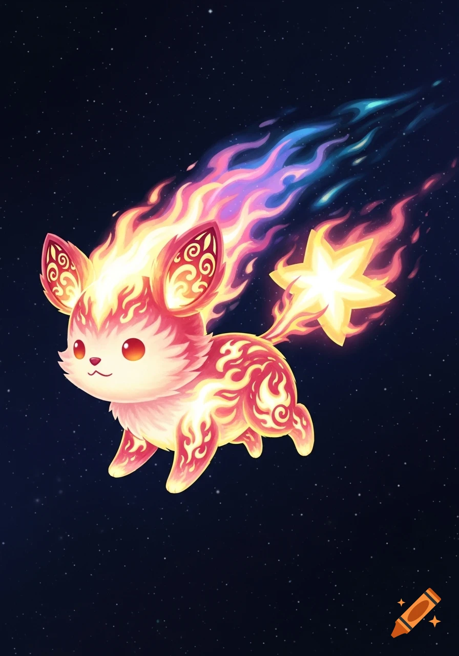 A cute, vibrant flame creature with a star-shaped tail and patterned ears floats in starry space, leaving colorful fire trails.