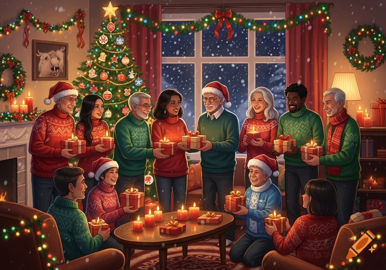 A diverse family celebrates Christmas, exchanging gifts in a festive living room decorated with a tree, garlands, and candles, with snow falling outside.
