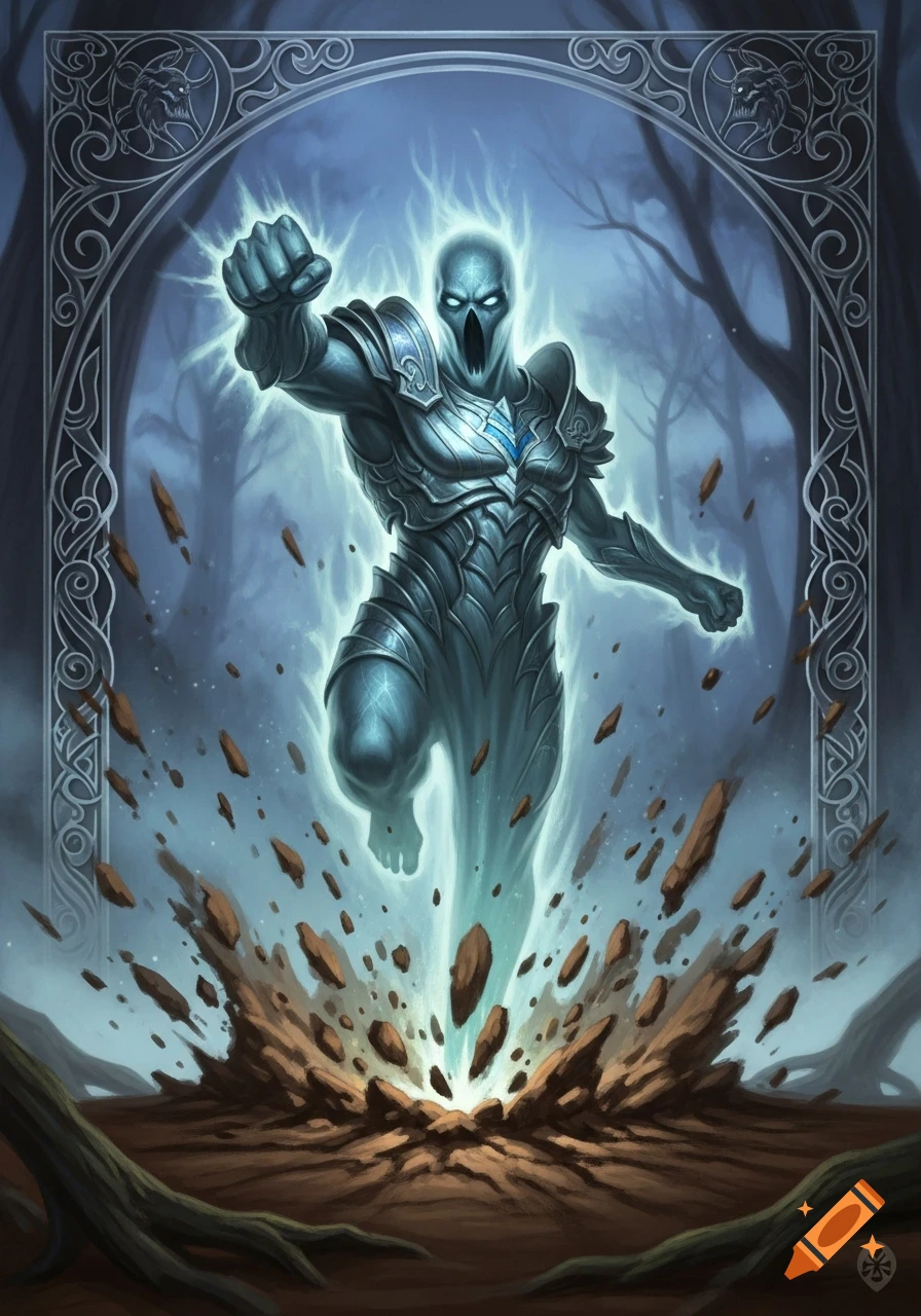 A glowing, armored ghost figure punches through the ground in a dark forest, framed by ornate borders, in a fantasy art style.