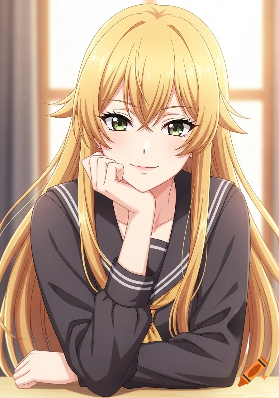 An anime woman with long blonde hair, green eyes, wearing a dark school uniform, resting her chin on her hand with a mischievous smile.