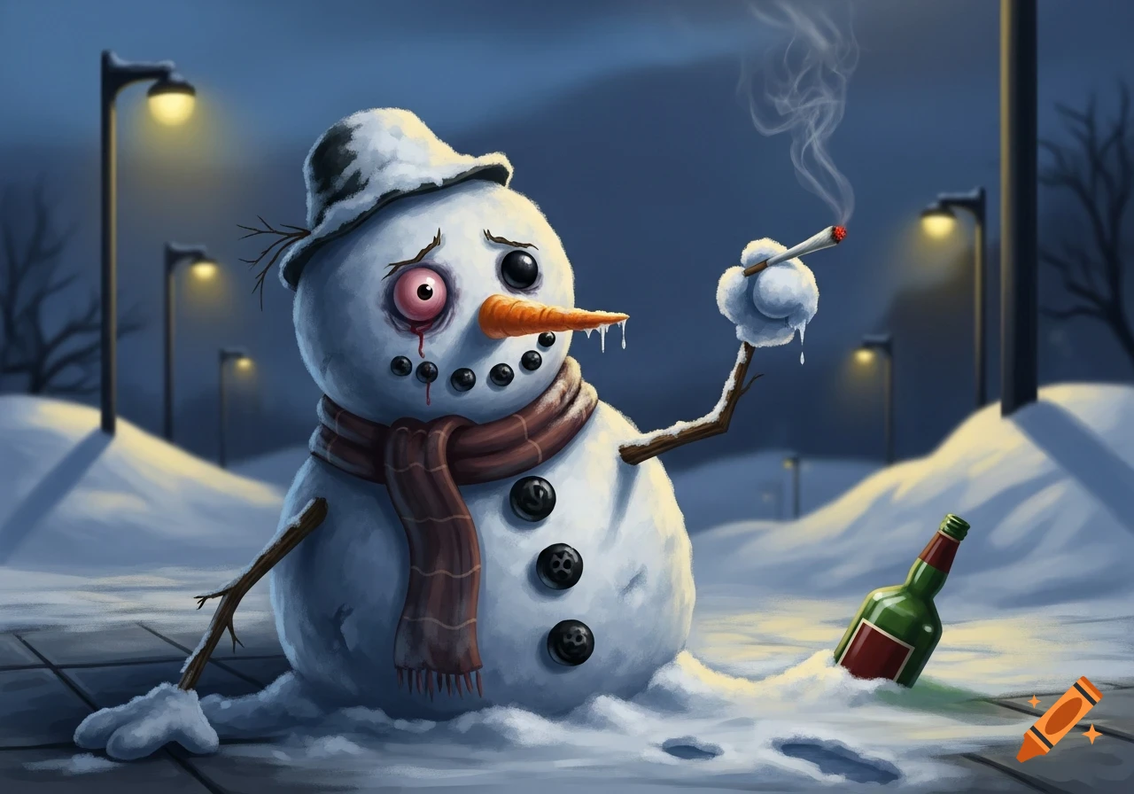 A disheveled, melting snowman with a red, bloodshot eye holds a lit cigarette, with an empty bottle next to him in a snowy night scene.