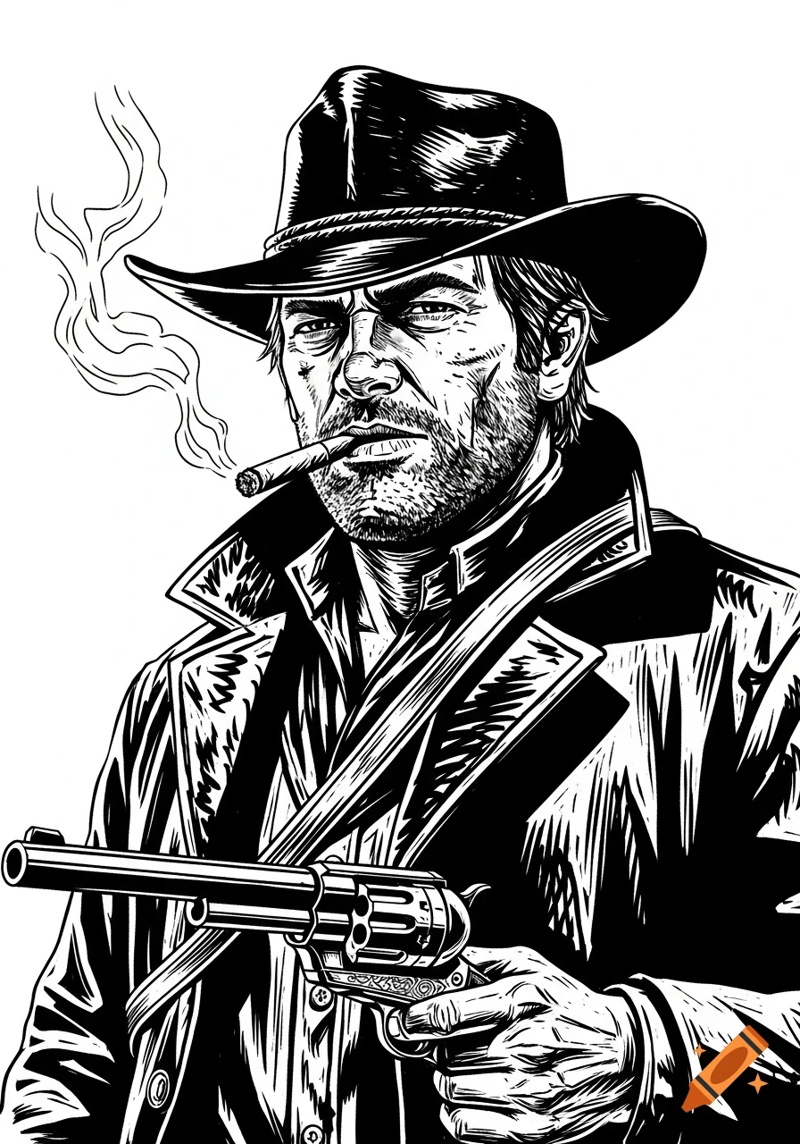 Black and white linocut illustration of Arthur Morgan, a cowboy, smoking a cigar and holding a revolver.