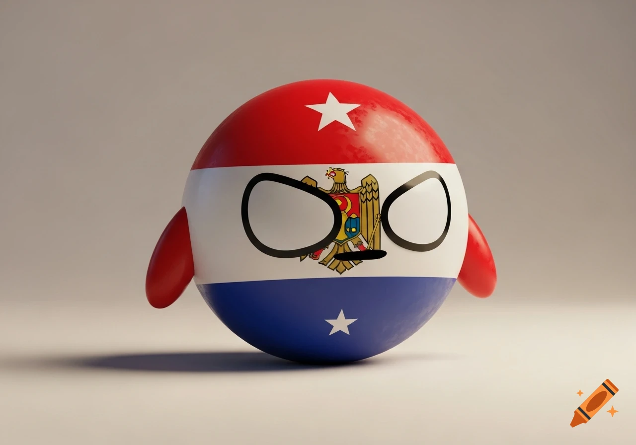A 3D rendering of a countryball character depicting the flag of Transnistria, with a red, white, and blue stripe design, a white star on top and bottom, and the coat of arms in the middle.