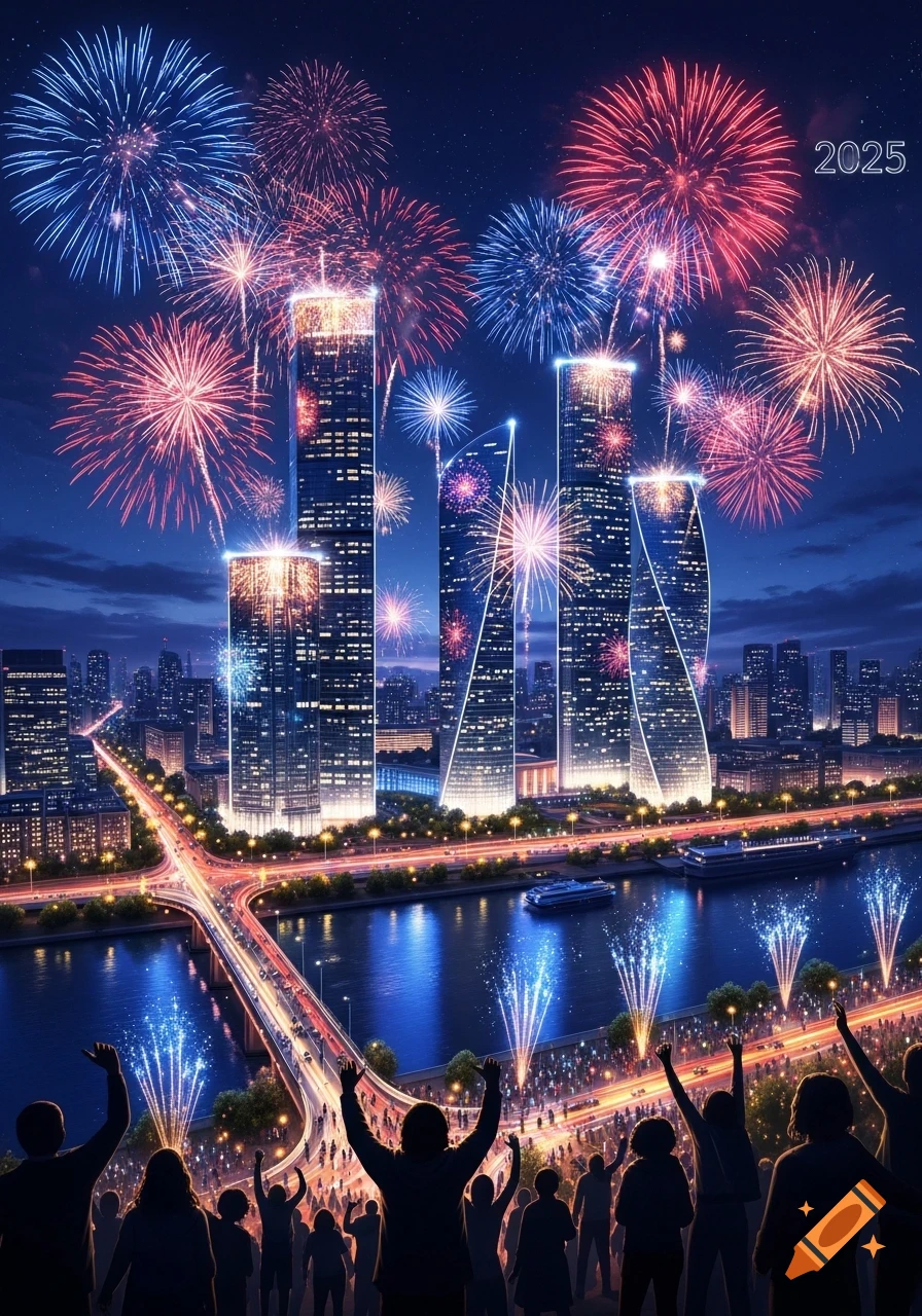 A nighttime cityscape with skyscrapers, a river, and a bridge, illuminated by vibrant fireworks and a cheering crowd.