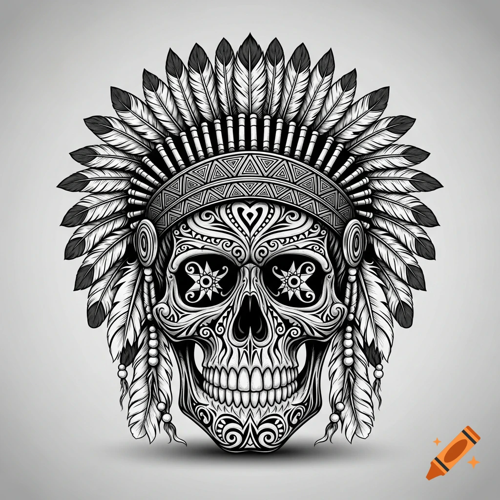 Intricate black and white illustration of a skull adorned with a detailed Native American feather headdress and tribal patterns.