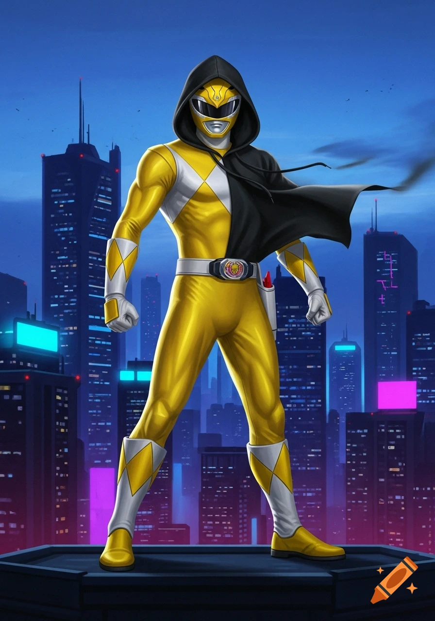 A yellow Power Ranger in a black hooded cloak stands on a rooftop overlooking a vibrant, neon-lit futuristic city at night in digital art style.