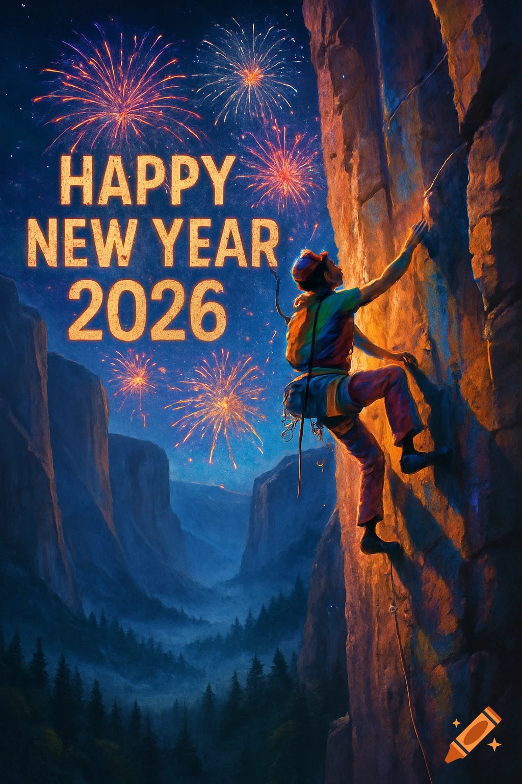 A digital illustration of a rock climber ascending a mountain at night, with 'Happy New Year 2026' text and fireworks in the sky.