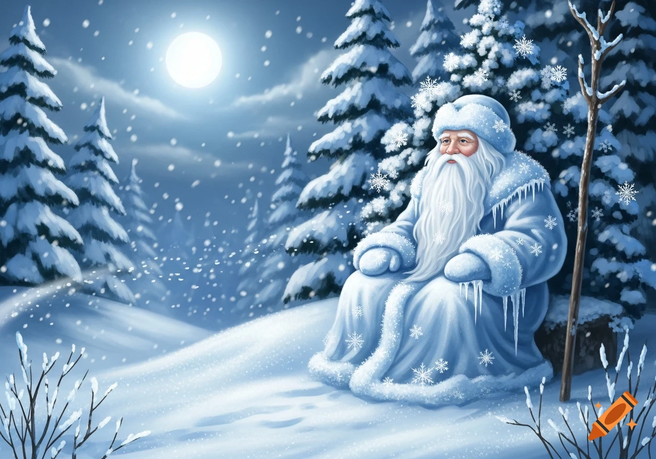 A blue-robed Father Frost with a long white beard sits in a snowy forest at night, surrounded by snow-covered trees and falling flakes.