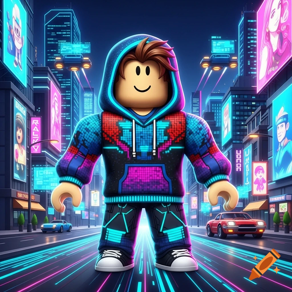 Roblox avatar in a vibrant, neon-lit futuristic city at night, wearing a colorful pixelated hoodie and dark pants.