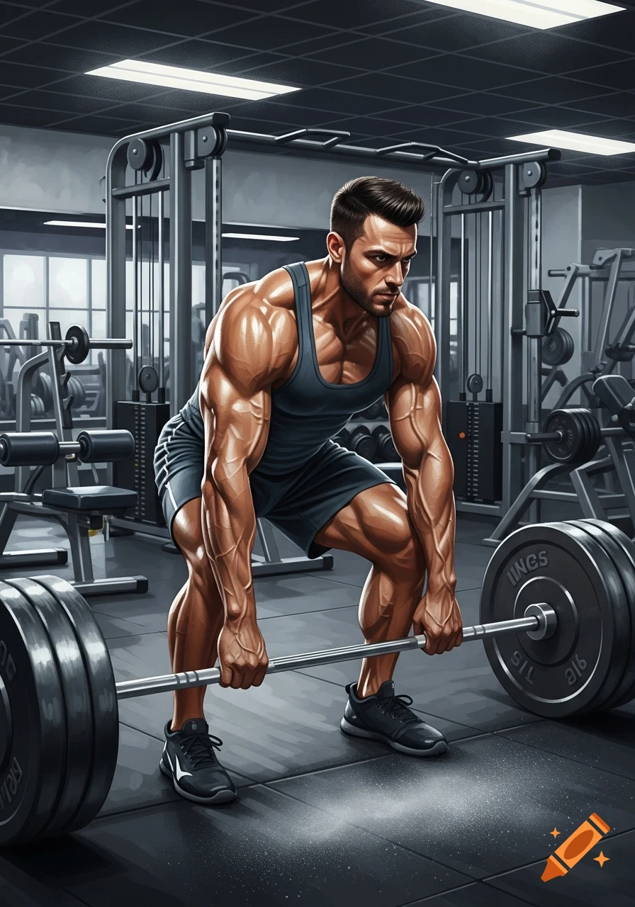 A highly muscular man in a tank top and shorts performs a deadlift with a barbell in a gym setting.