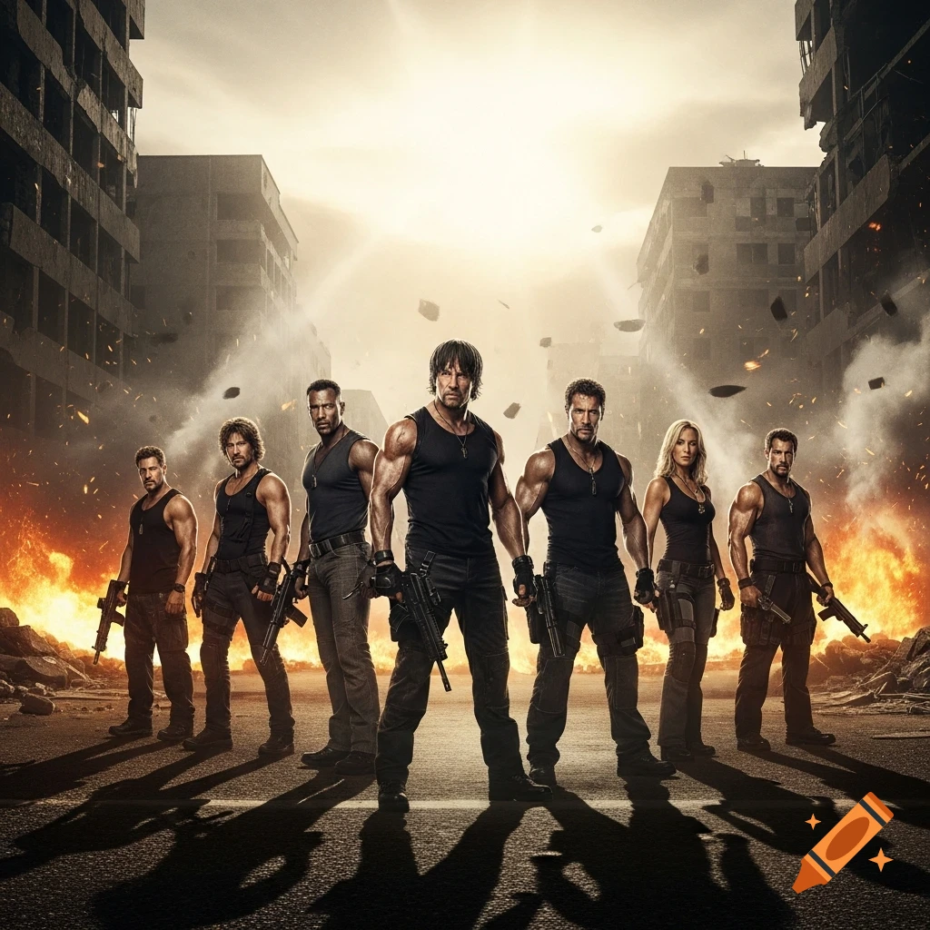 Six muscular action heroes, five men and one woman, stand with guns in a destroyed city with explosions.