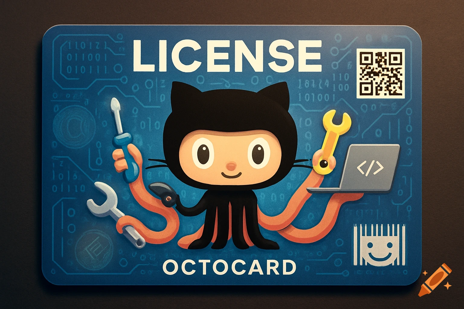 A blue ID card featuring the black Octocat mascot holding a screwdriver, wrench, and laptop. The card says 'LICENSE' at the top and 'OCTOCARD' at the bottom, with a QR code and a smiling barcode symbol.