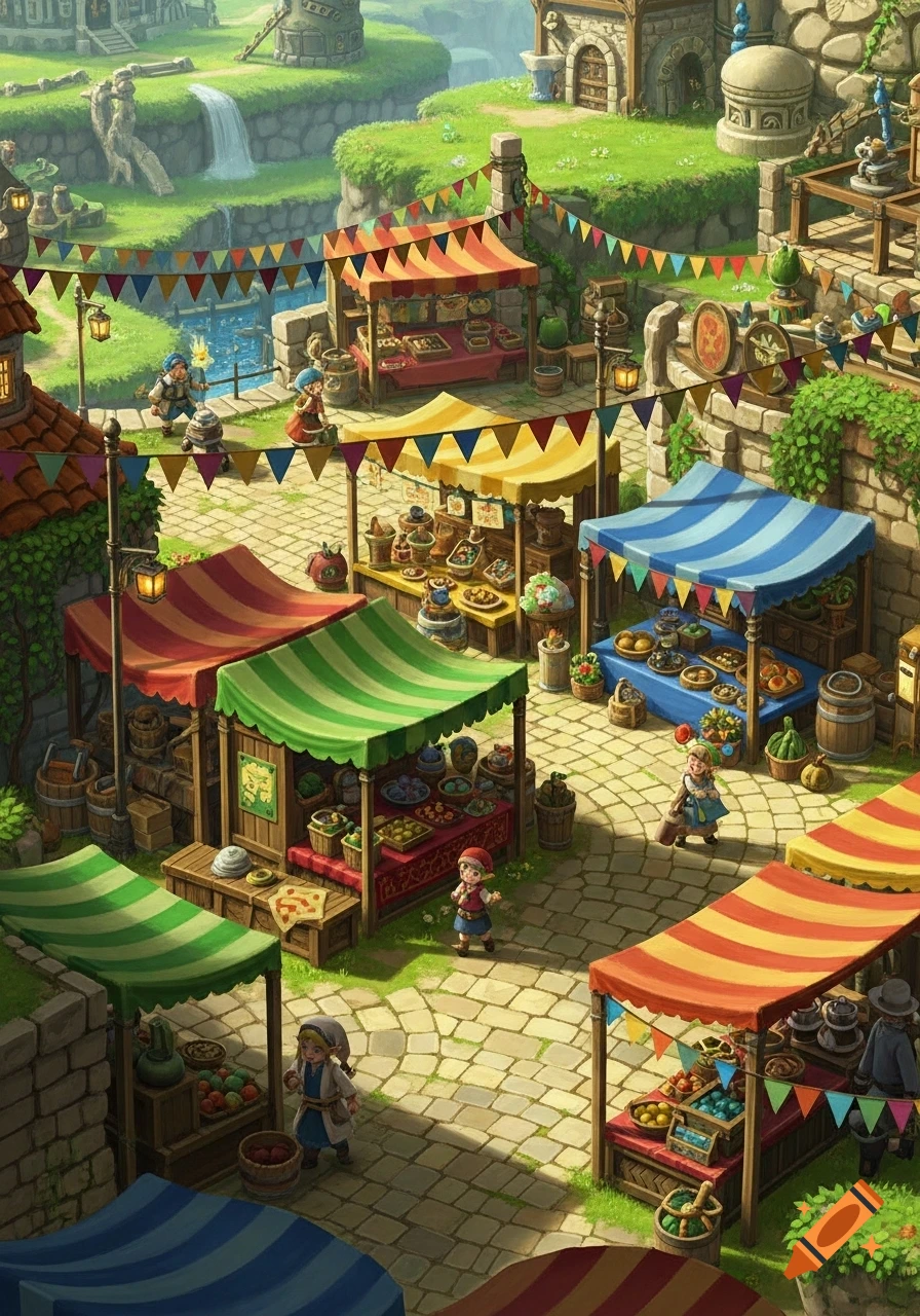 An isometric, vibrant fantasy market town scene with colorful stalls, villagers, and a waterfall.