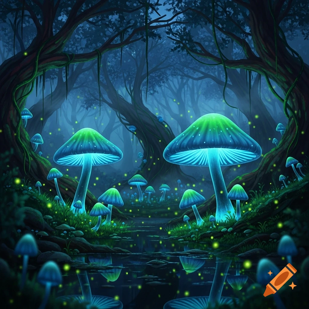 A dark, fantastical forest at night, filled with glowing blue and green mushrooms and tiny yellow fireflies reflected in a narrow stream.