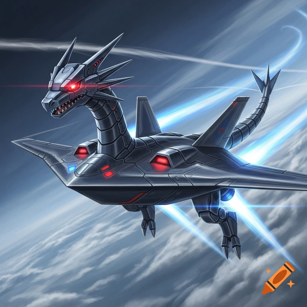 A sleek dark chrome mechanical dragon with glowing red eyes, designed like a B-2 stealth bomber, flies through clouds with blue jet flames.