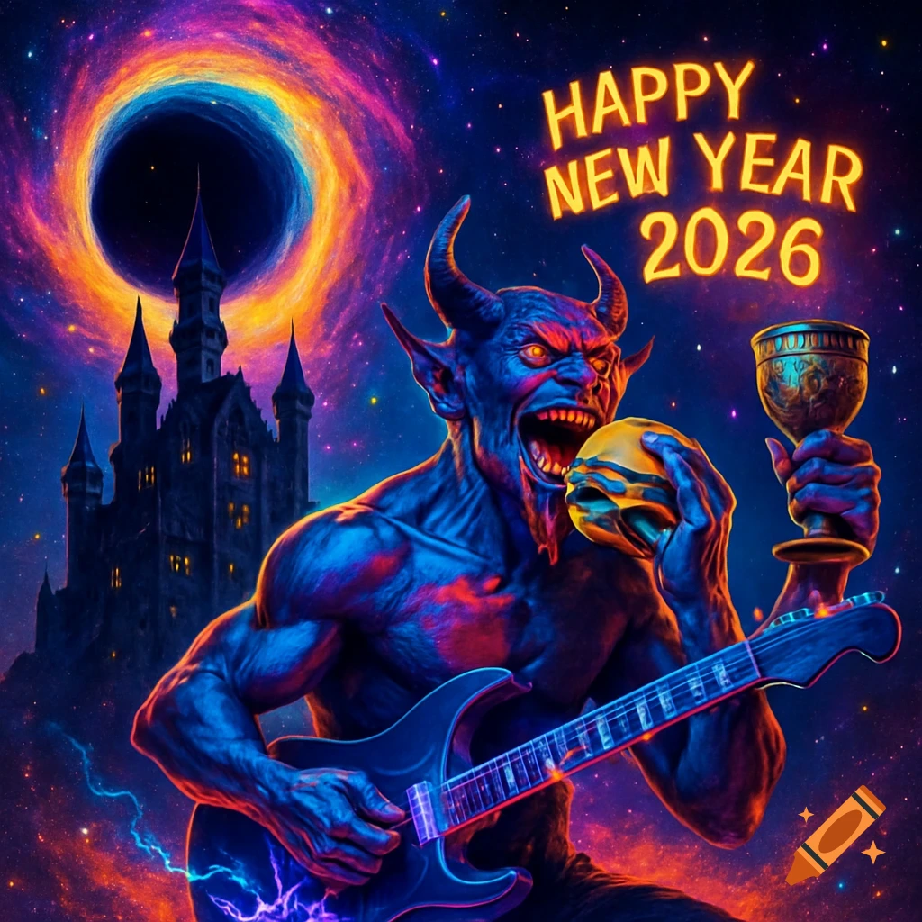 A screaming blue demon with horns plays an electric guitar, holding a hamburger and goblet, against a dark castle and colorful black hole in space with "HAPPY NEW YEAR 2026" text.