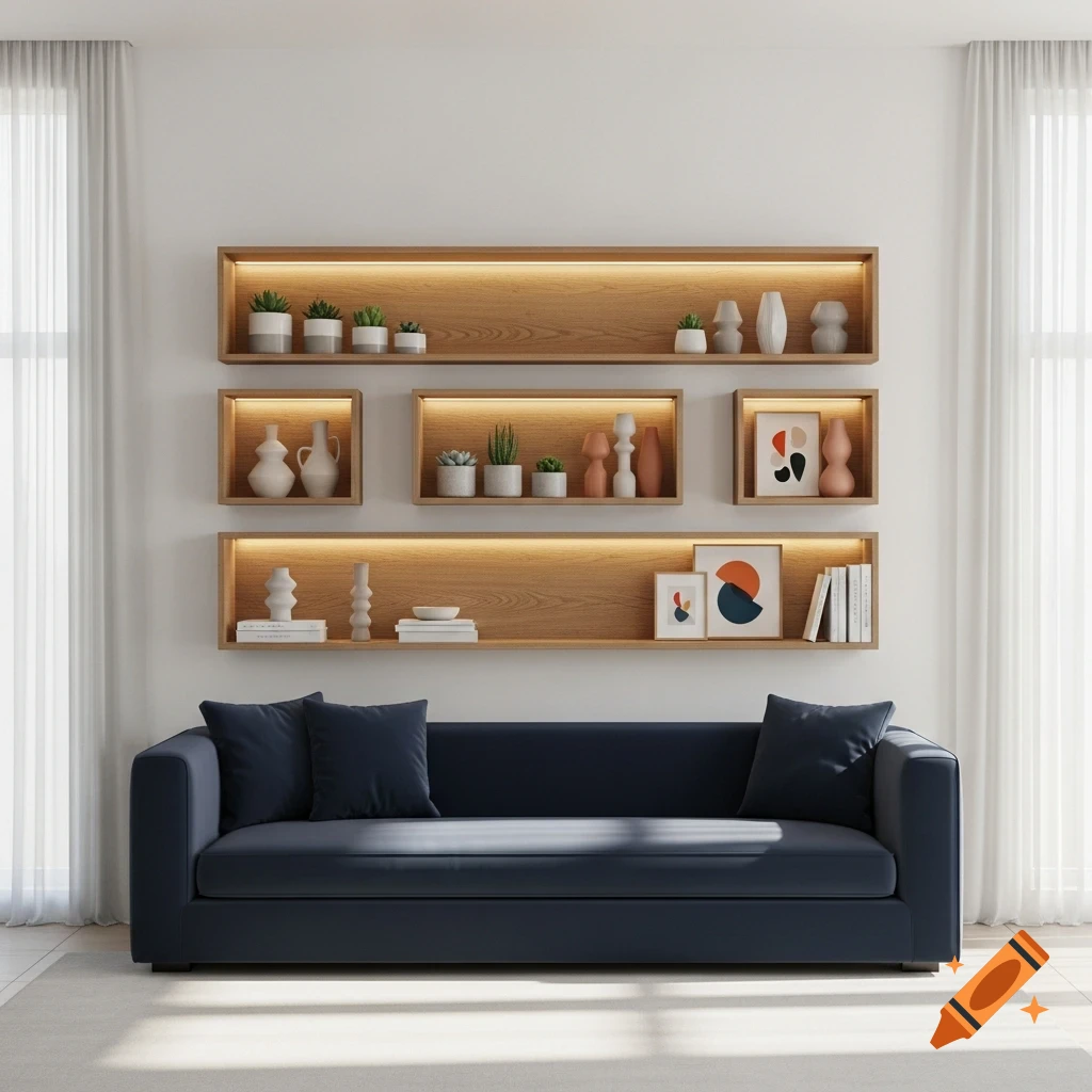 Photorealistic image of a modern living room with a navy blue sofa and illuminated wooden floating shelves decorated with plants, vases, and art.