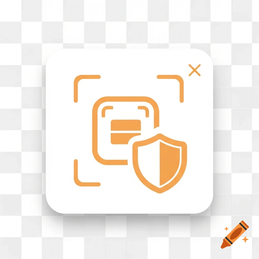 An abstract, orange and white icon showing a scanning frame around a rectangle, with a shield symbol in the foreground.