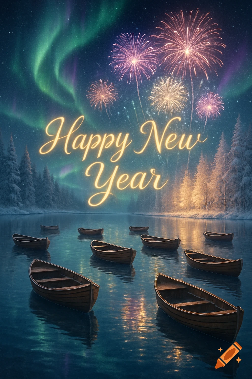 Golden 'Happy New Year' text over a winter lake with boats, illuminated by green aurora and colorful fireworks against a dark sky.