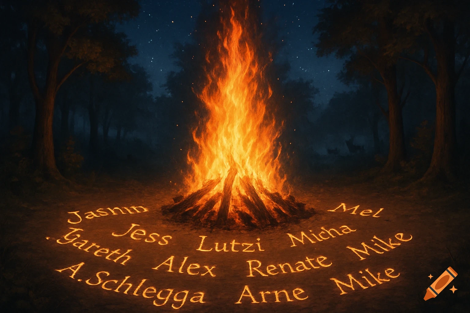 A large campfire burns brightly in a dark forest, illuminating names glowing on the ground in a circle. In the background, deer stand under tall trees and a starry night sky.