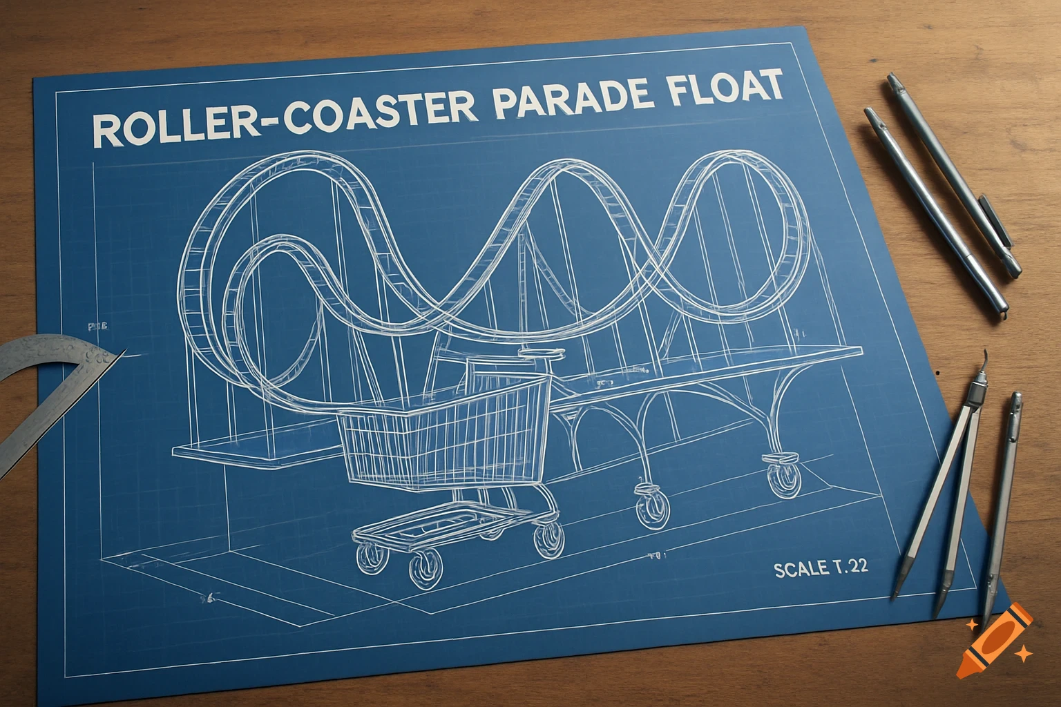 Blueprint of a roller coaster parade float design, with shopping carts, on a wooden workbench alongside drafting tools.