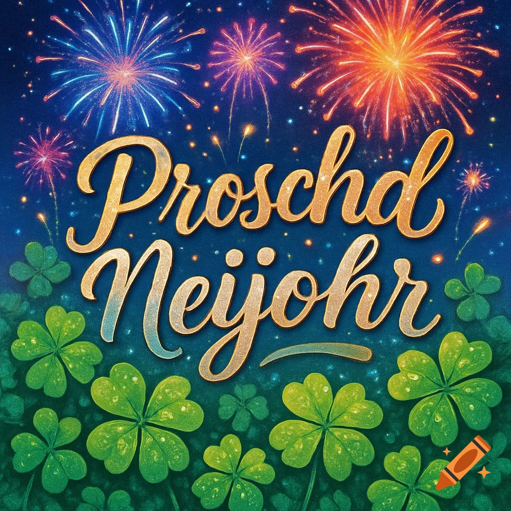 Golden script 'Proschd Neijohr' with colorful fireworks in a dark blue night sky and green clover leaves in the foreground.