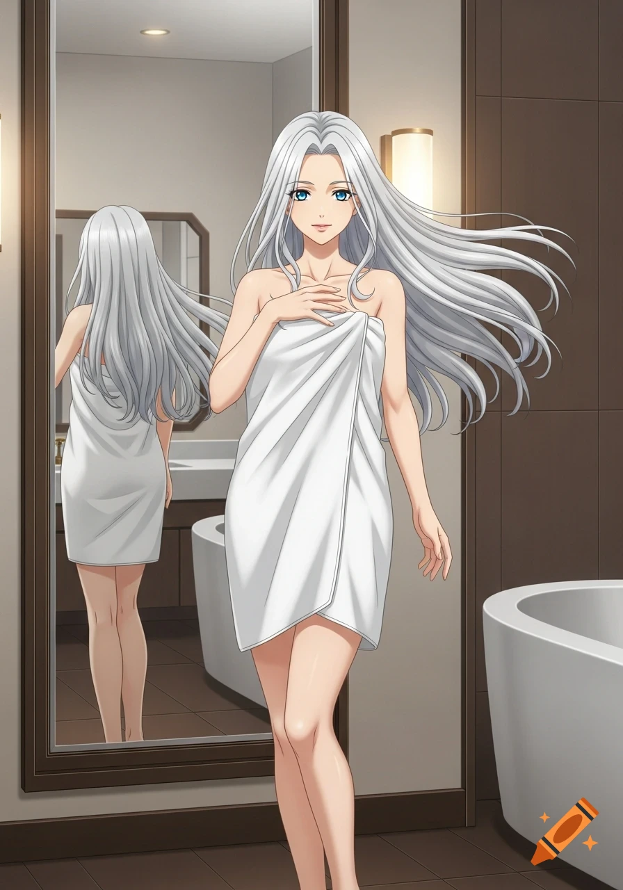Anime woman with long silver hair and blue eyes, wrapped in a white towel, standing in a bathroom with her reflection in a mirror.