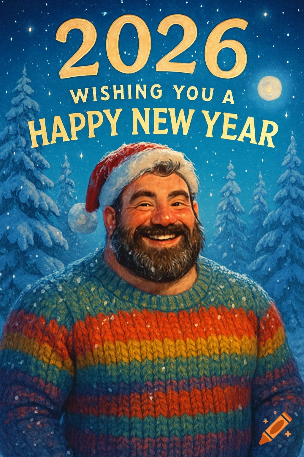 A smiling, bearded man in a Santa hat and striped sweater in a snowy winter scene with "2026 WISHING YOU A HAPPY NEW YEAR" text.