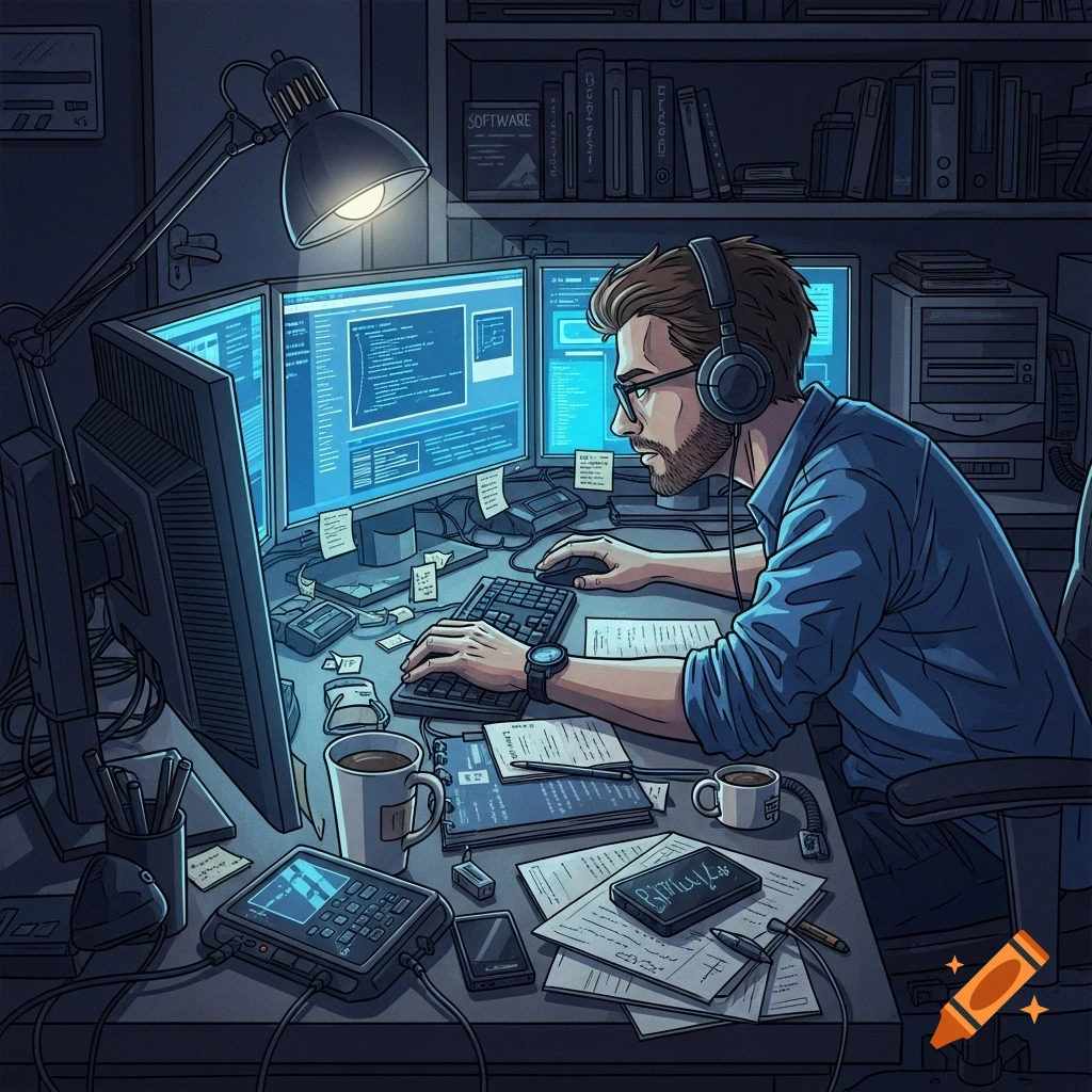 An illustrated IT worker with headphones squints at three computer monitors on a cluttered desk, typing on a keyboard in a dark room.