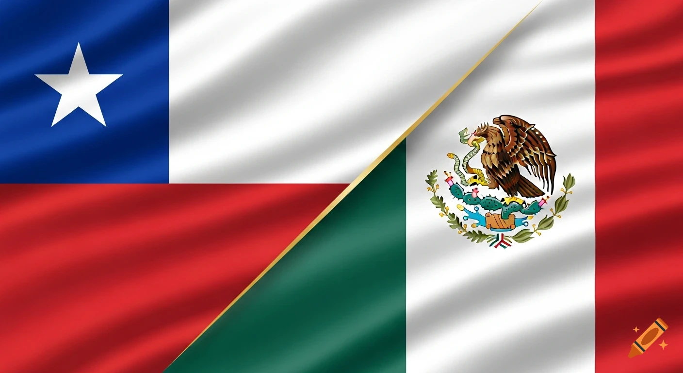 A waving flag of Chile on the left, diagonally split by a gold line, connecting to a waving flag of Mexico on the right.