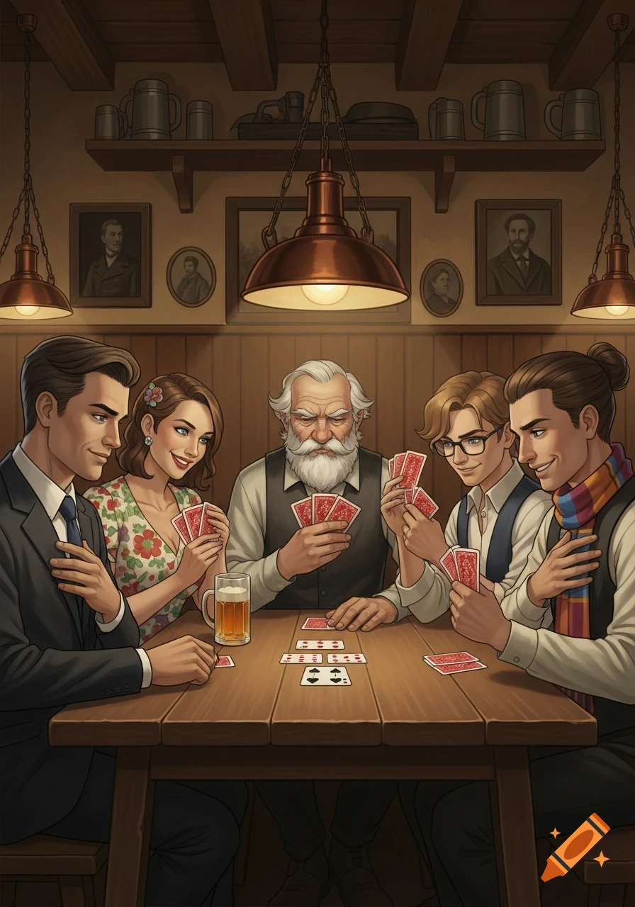 Five diverse people play cards around a wooden table with a beer in a warmly lit, illustrated pub setting.