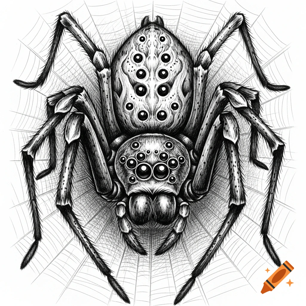 A detailed black and white sketch of a spider with numerous eyes on its head and abdomen, centered on a delicate spiderweb.