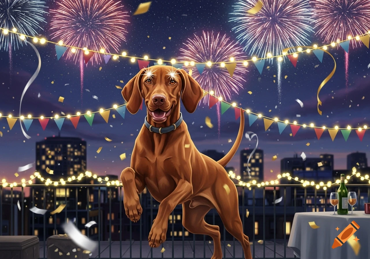 A happy Vizsla dog jumps on a rooftop patio decorated with string lights and confetti, with colorful fireworks in the night sky.