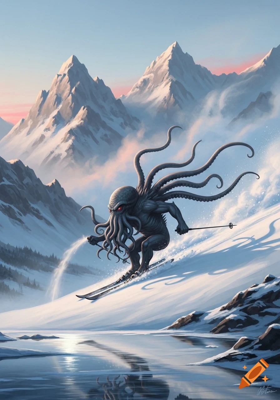 A Cthulhu-like creature with red eyes and tentacles skis down a snowy mountain slope past an icy lake with reflections, under a pink sunset sky.