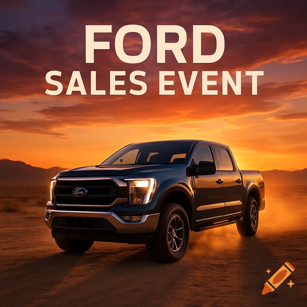 A dark blue Ford truck drives through a desert at sunset, with "FORD SALES EVENT" written in large letters across the sky.