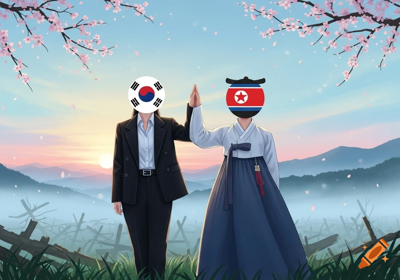 Anime illustration of figures with South Korean and North Korean flag faces shaking hands in a cherry blossom landscape.