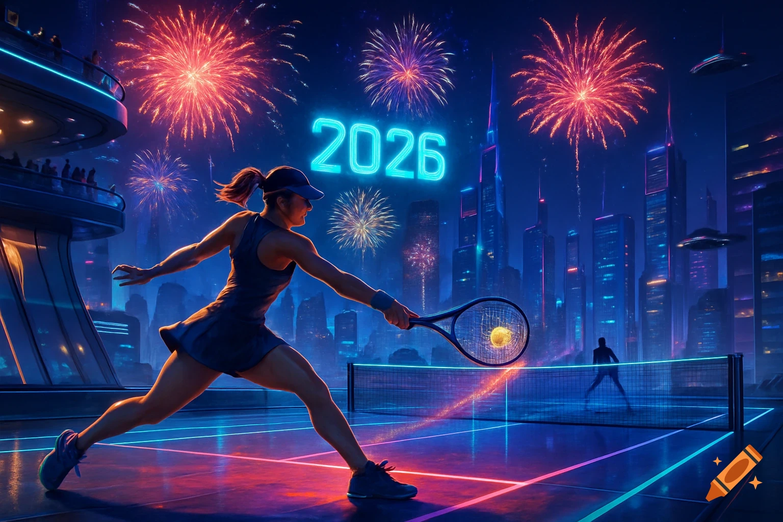 A female tennis player serves a glowing ball on a neon court in a futuristic city at night, with '2026' in neon and fireworks in the sky.