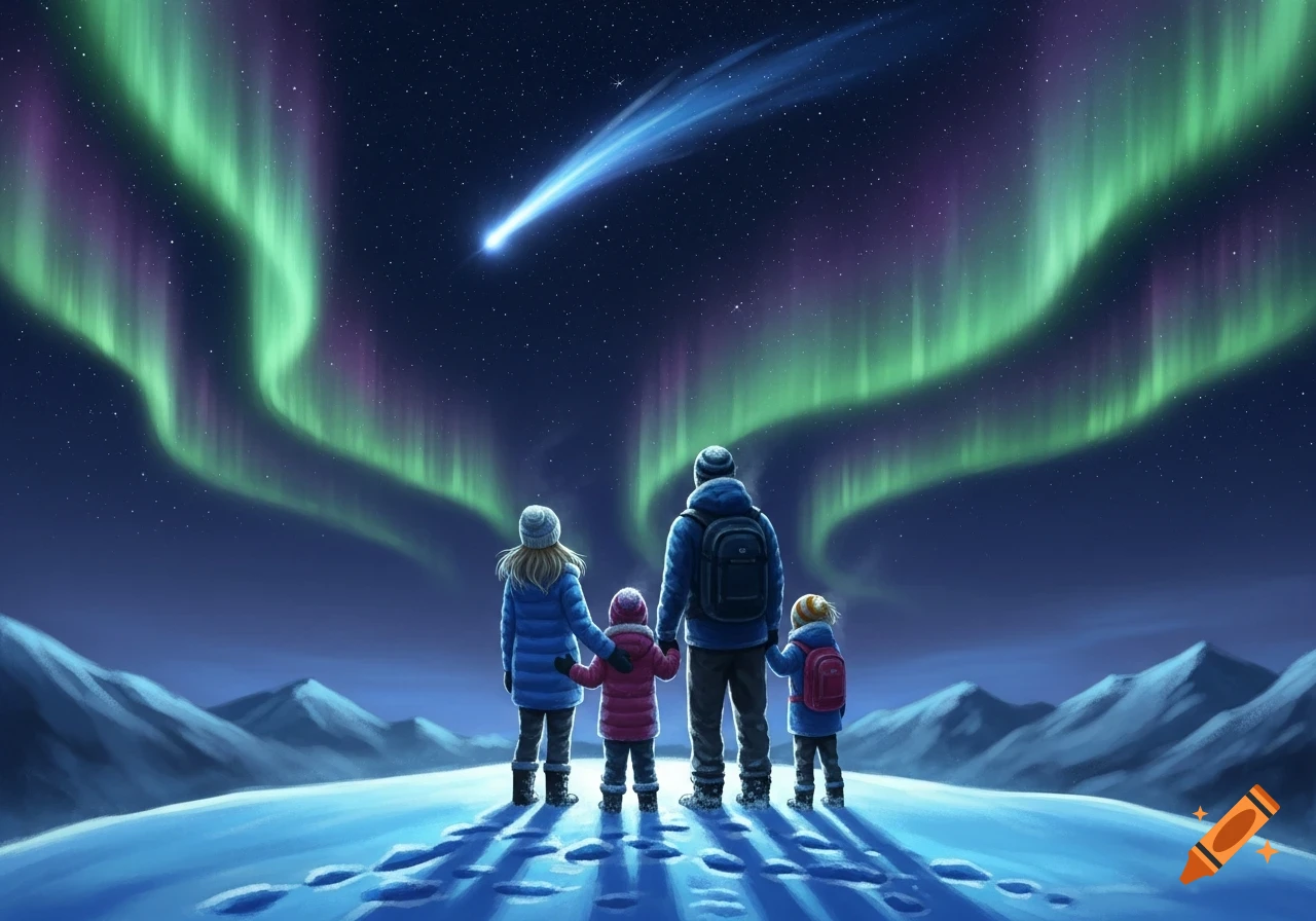 A family stands on a snowy mountain looking up at the aurora borealis and a bright comet in the night sky, digital art.
