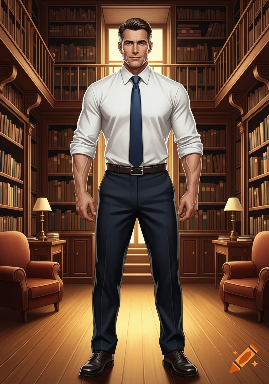 A muscular man in a white shirt and blue tie stands confidently in a grand, wood-paneled library.