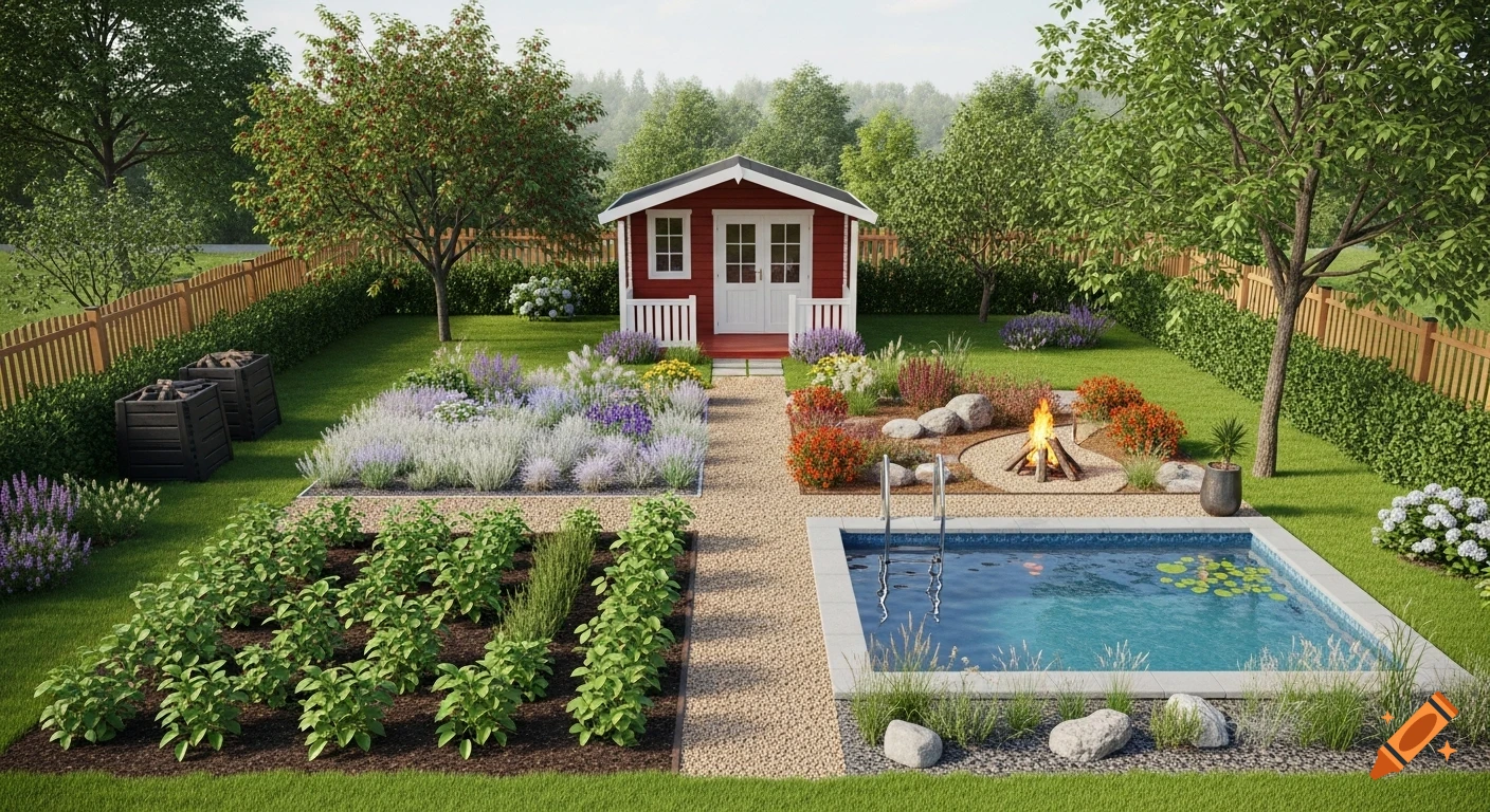 A photorealistic view of a meticulously designed garden featuring a red shed, swimming pool, fire pit, and various plant beds.