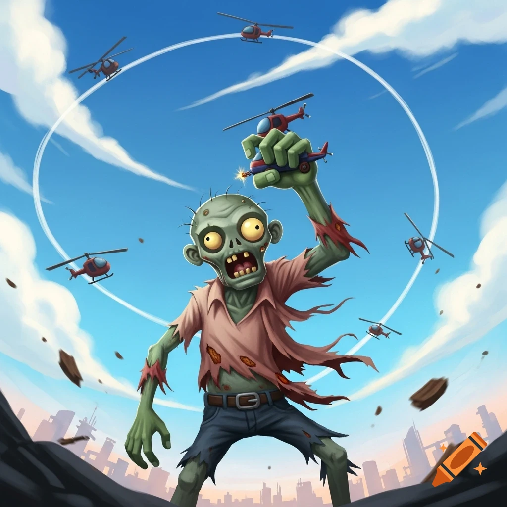 A funny green zombie crushing a helicopter in its hand while other helicopters fly in a circle above a city skyline, cartoon illustration.