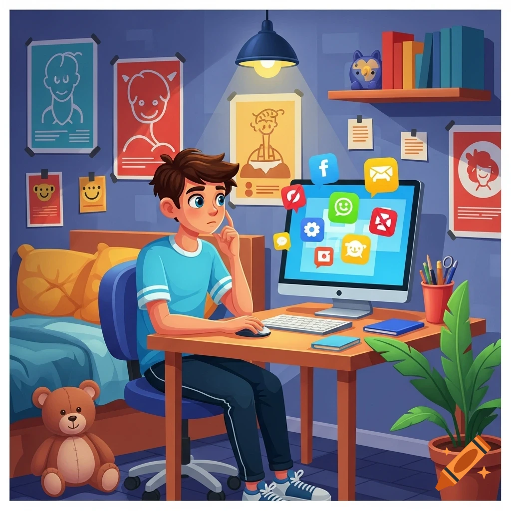 A cartoon teenager sits at a desk in a bedroom, looking thoughtfully at a computer screen displaying various social media and app icons floating around.