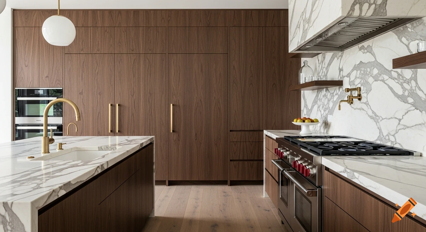 A luxurious modern kitchen featuring dark wood cabinetry, white marble countertops and backsplash, and brass fixtures.